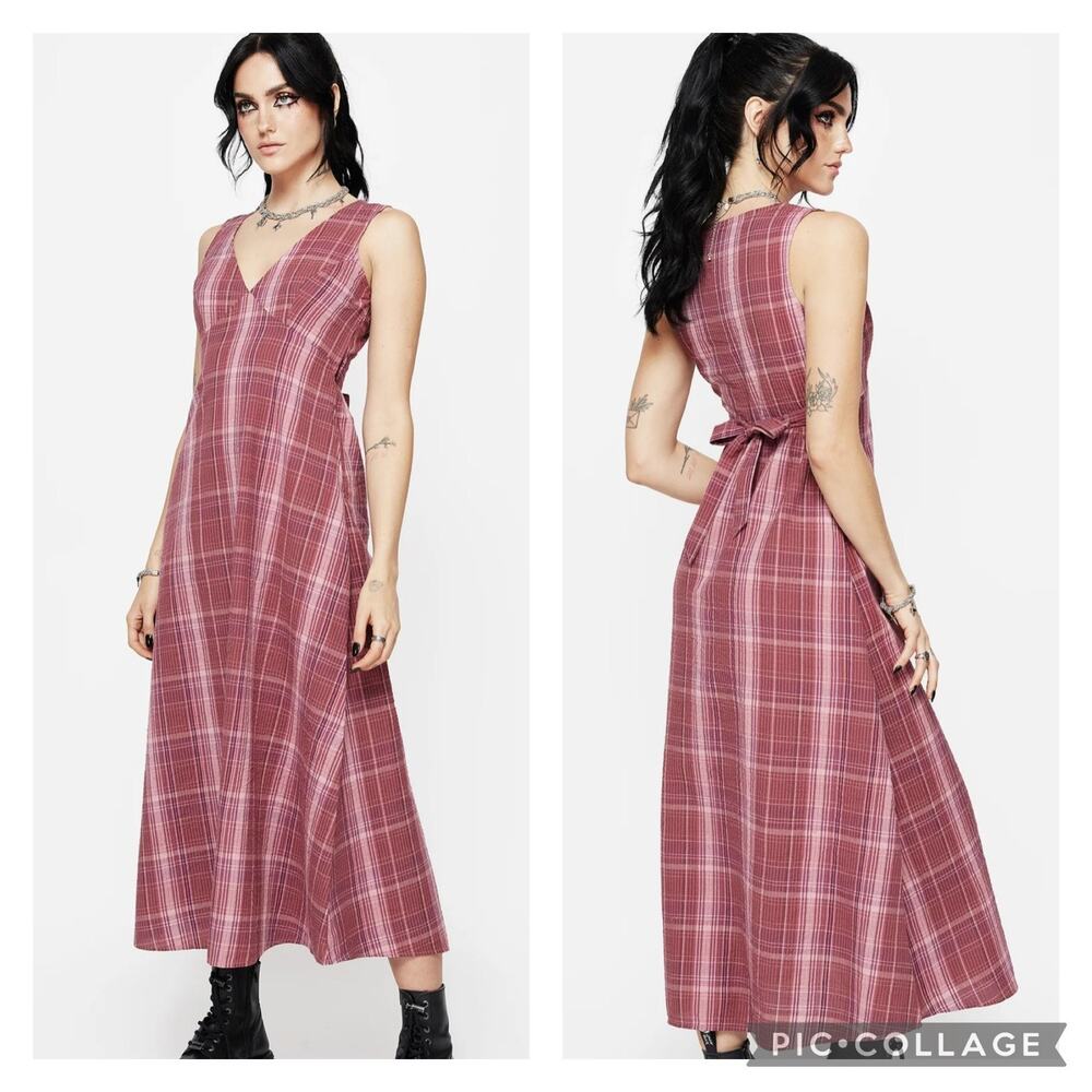 Disturbia Zorina Cotton Check Plaid Midaxi Dress Pink Cotton Size 14
